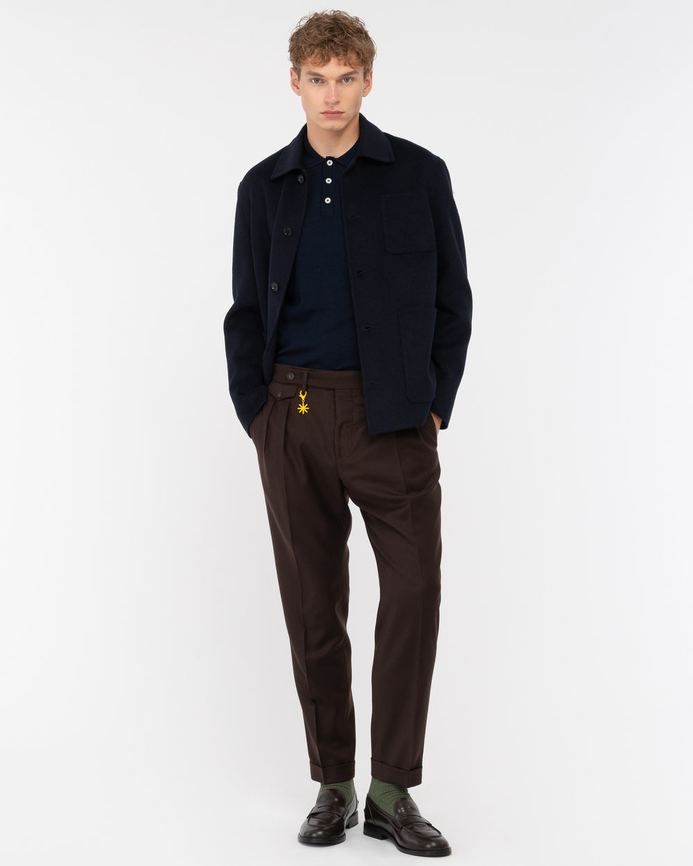 brown double pleat stretch wool flannel trousers