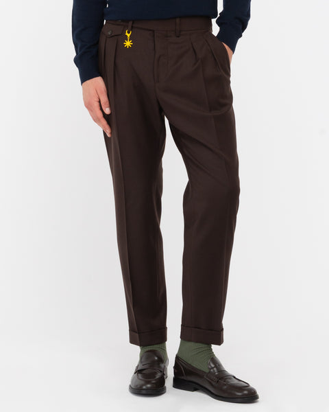 brown double pleat stretch wool flannel trousers
