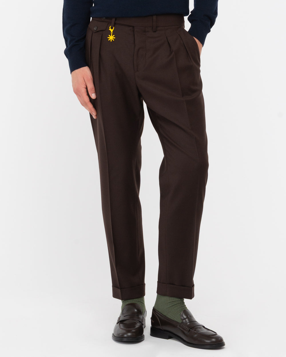 brown double pleat stretch wool flannel trousers