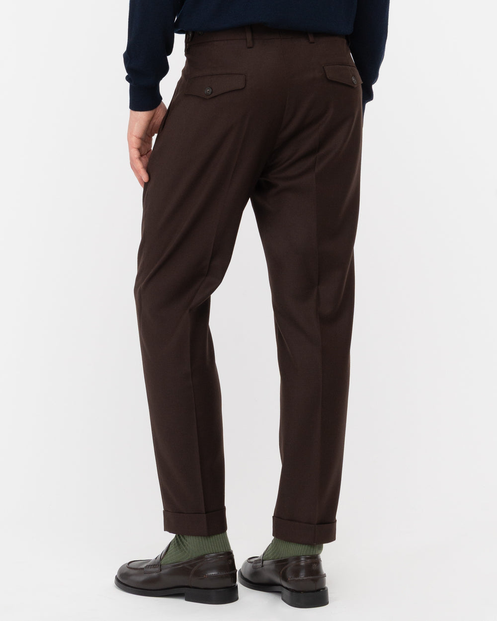 brown double pleat stretch wool flannel trousers