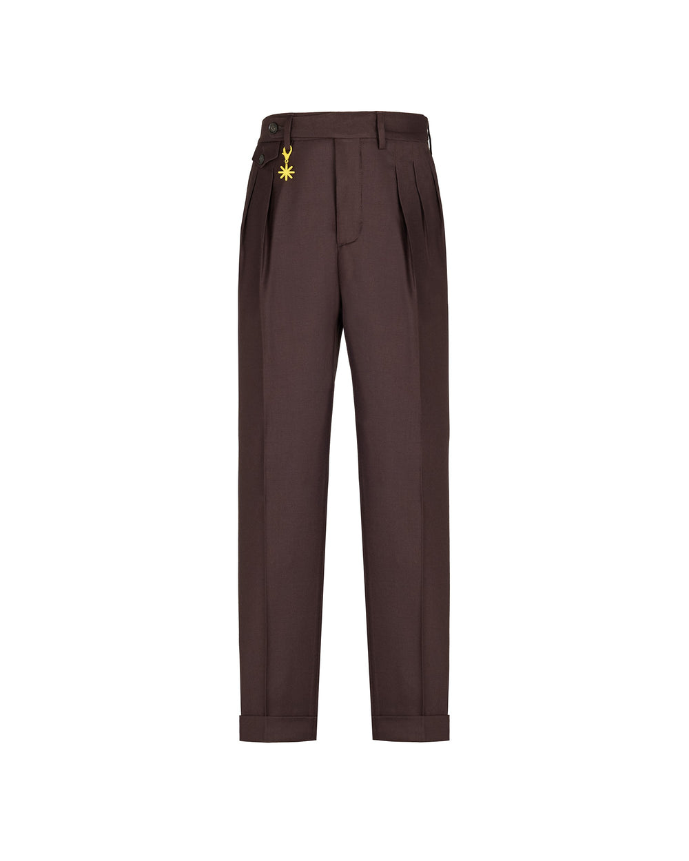 brown double pleat stretch wool flannel trousers