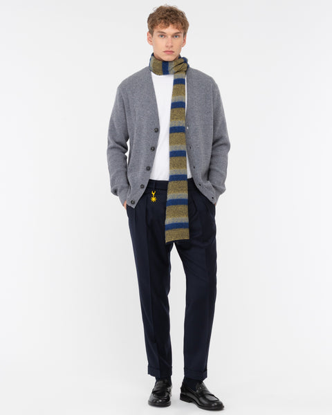 blue double pleat stretch wool flannel trousers