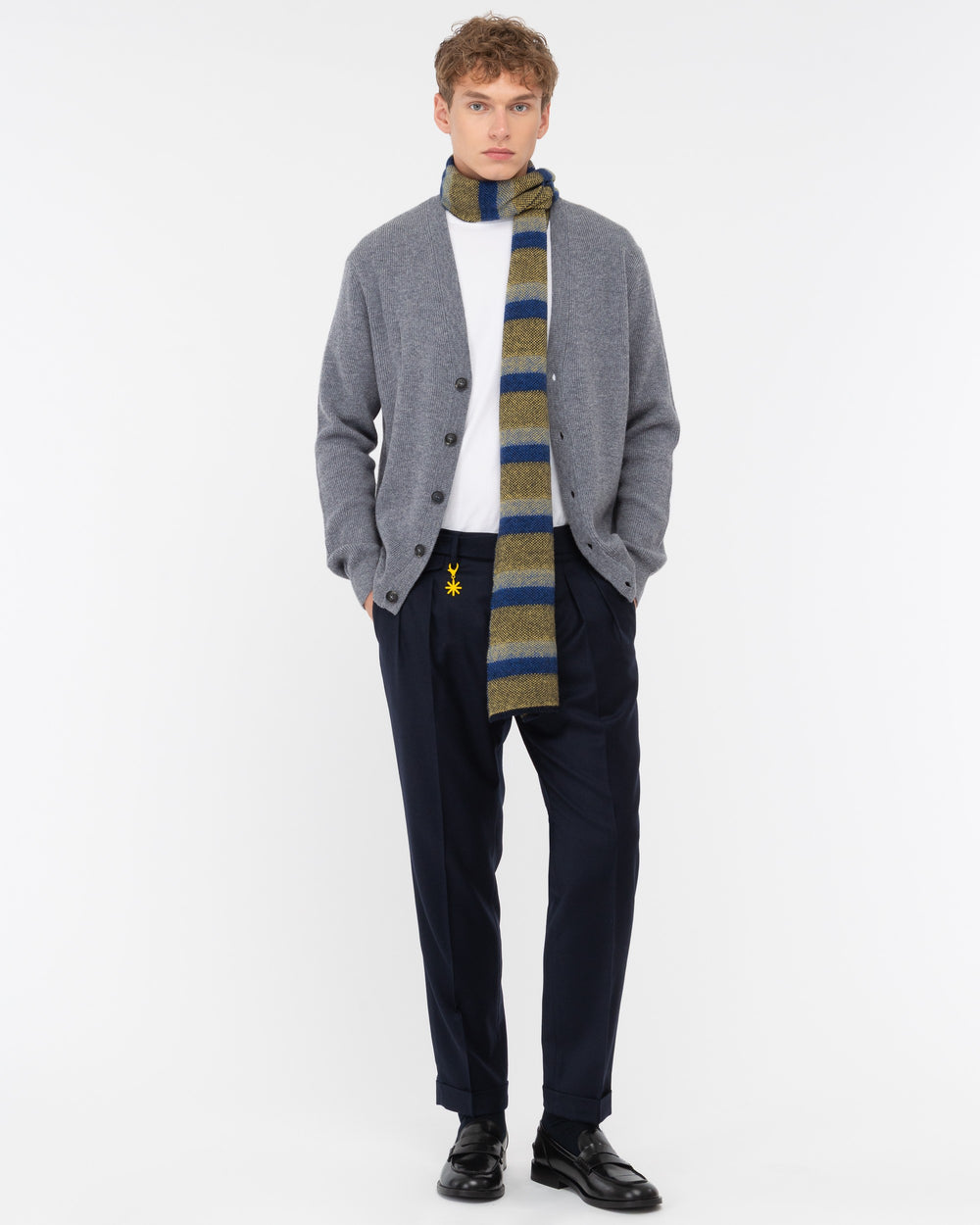 blue double pleat stretch wool flannel trousers