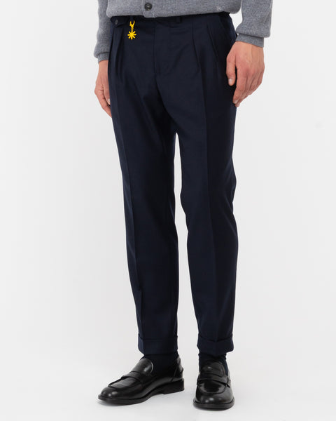 blue double pleat stretch wool flannel trousers