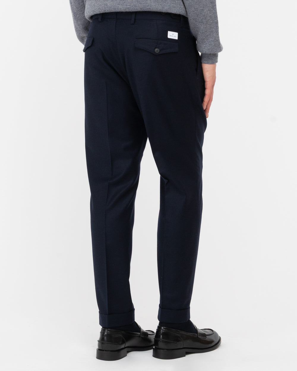 blue double pleat stretch wool flannel trousers