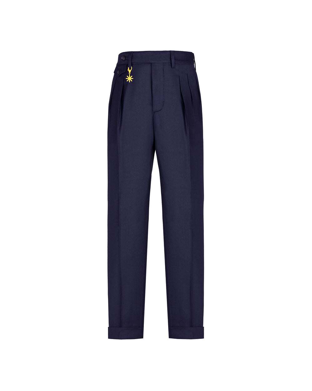 blue double pleat stretch wool flannel trousers