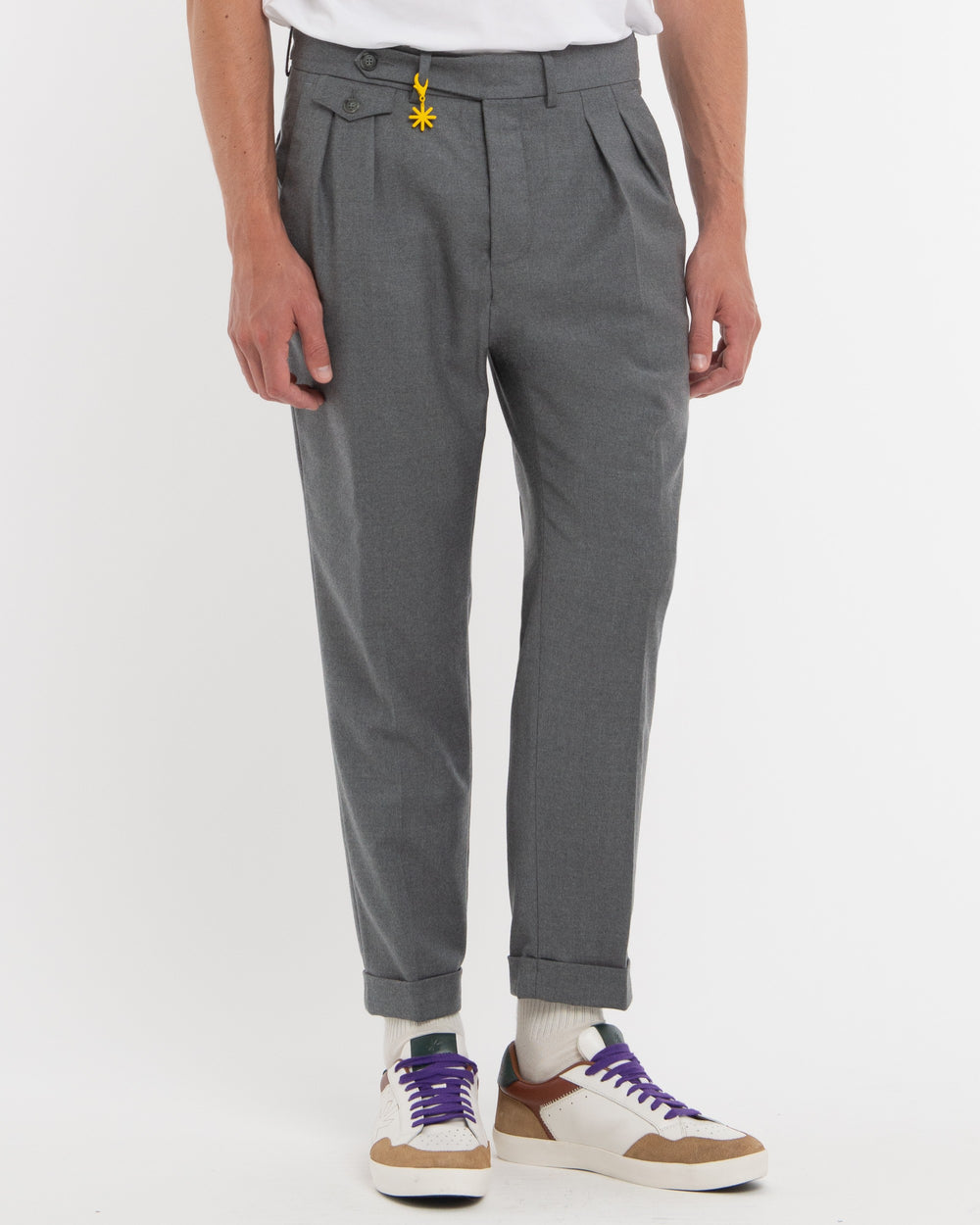 gray double pleat stretch wool flannel trousers