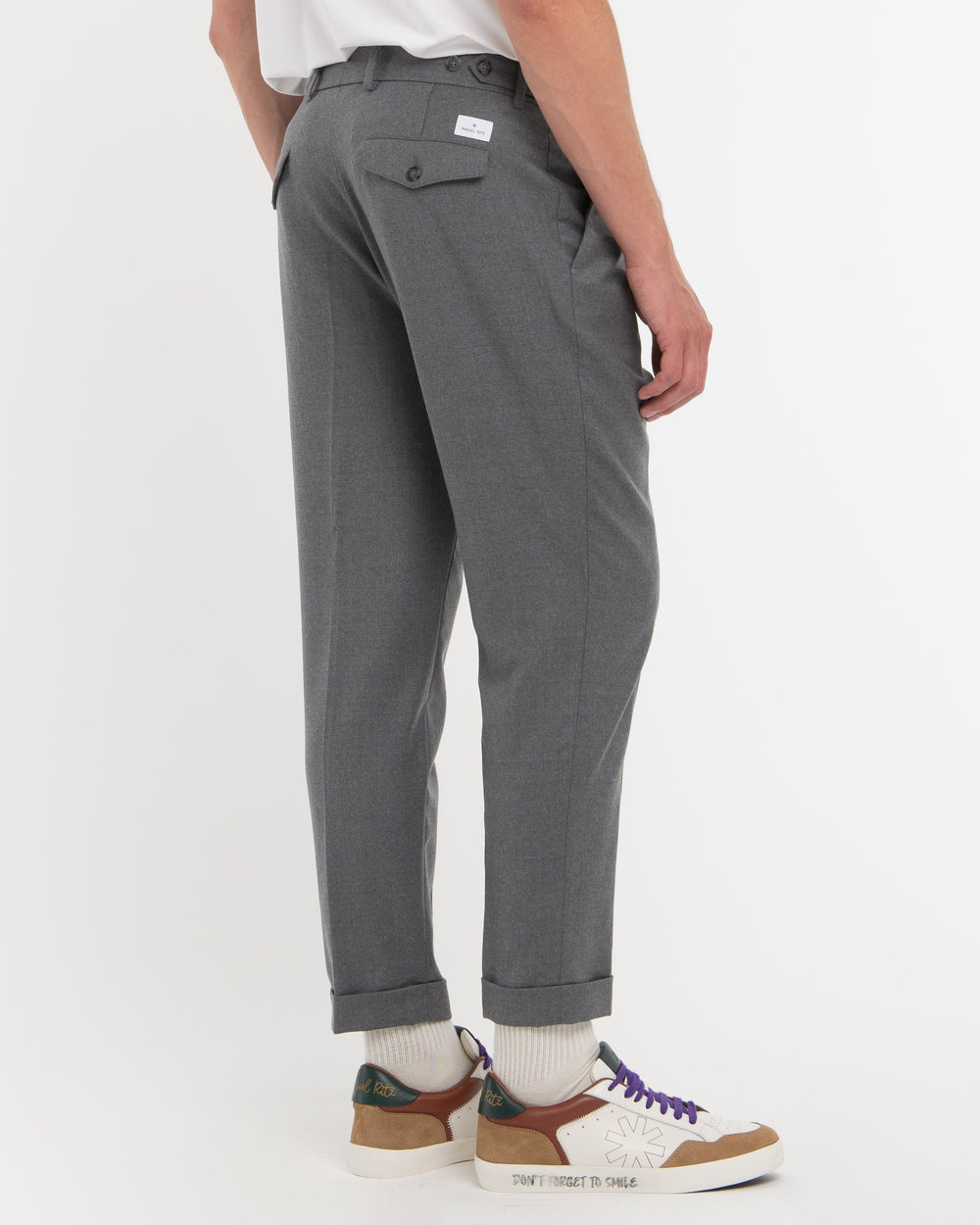 gray double pleat stretch wool flannel trousers