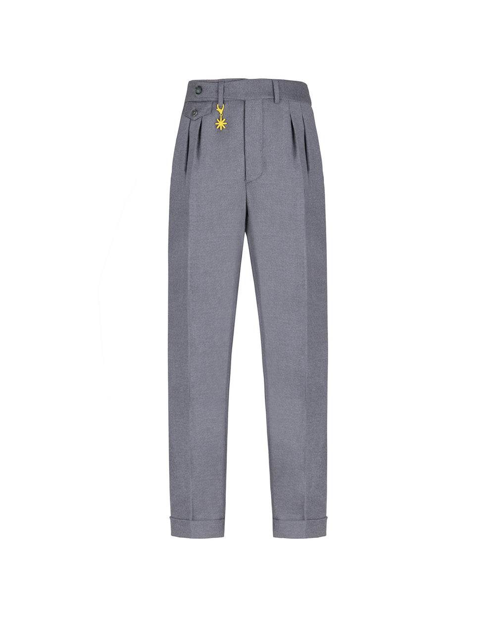 gray double pleat stretch wool flannel trousers
