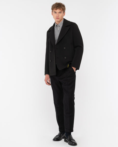 black double pleat stretch wool flannel trousers