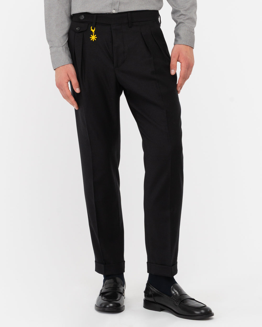 black double pleat stretch wool flannel trousers
