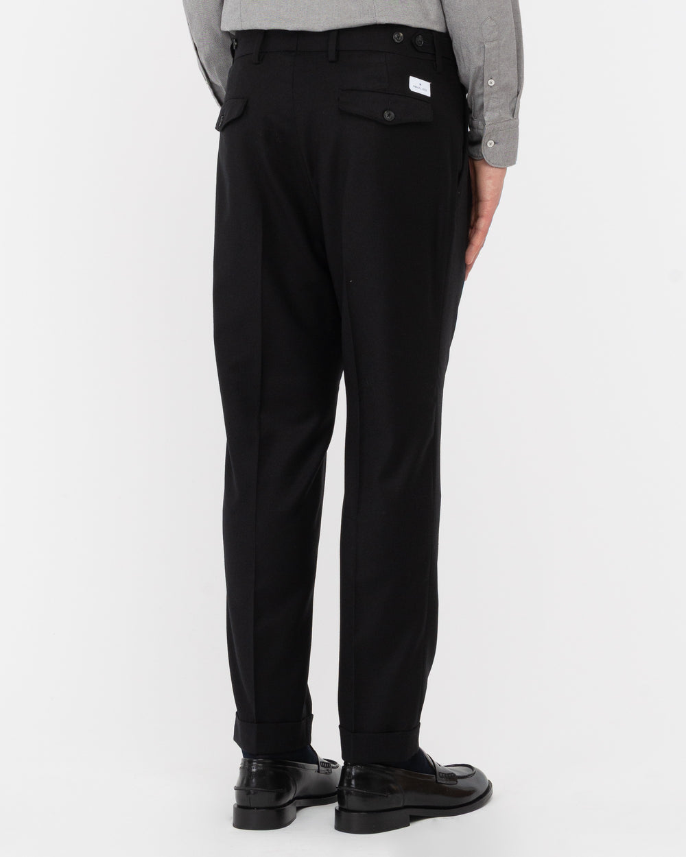 black double pleat stretch wool flannel trousers