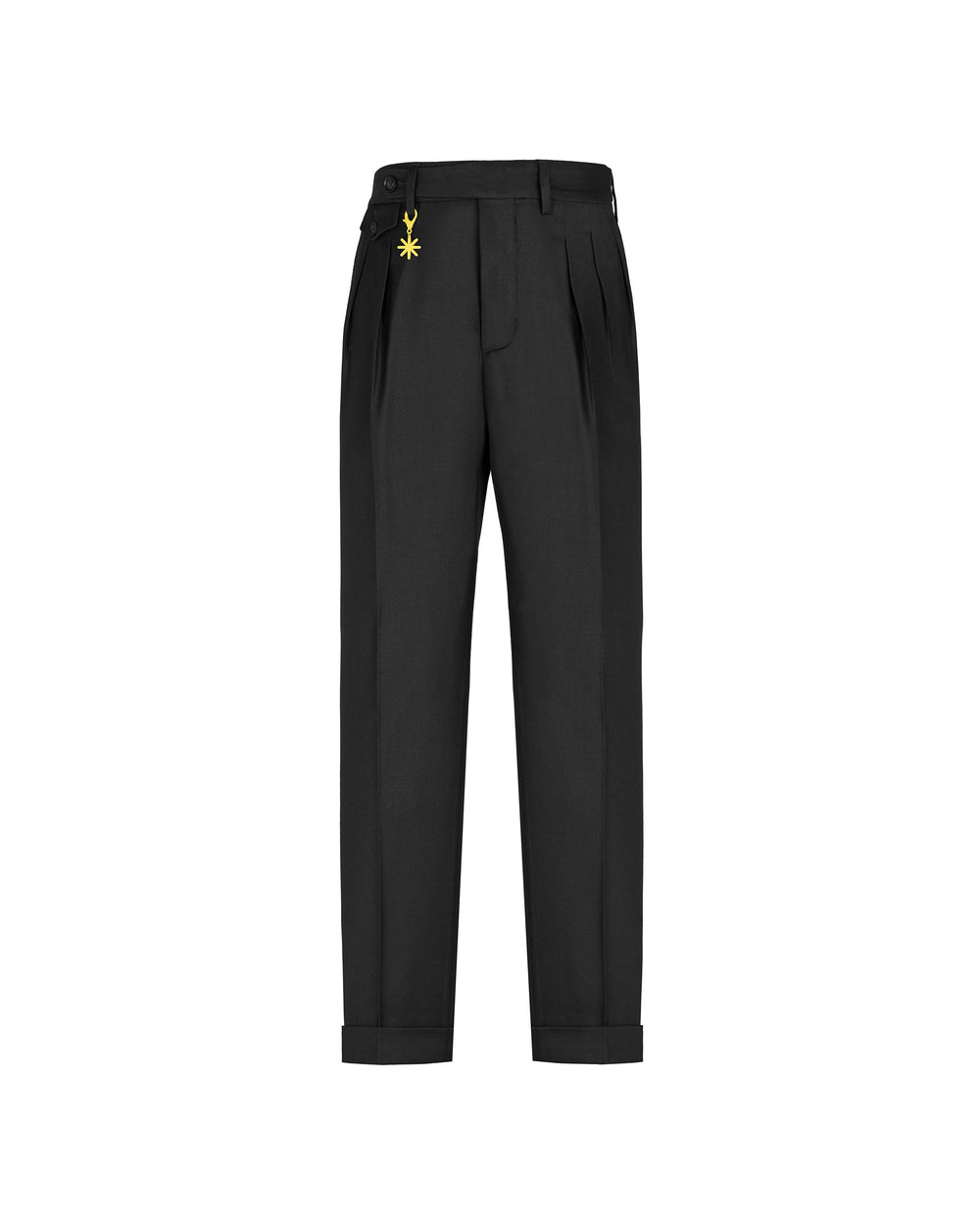 black double pleat stretch wool flannel trousers