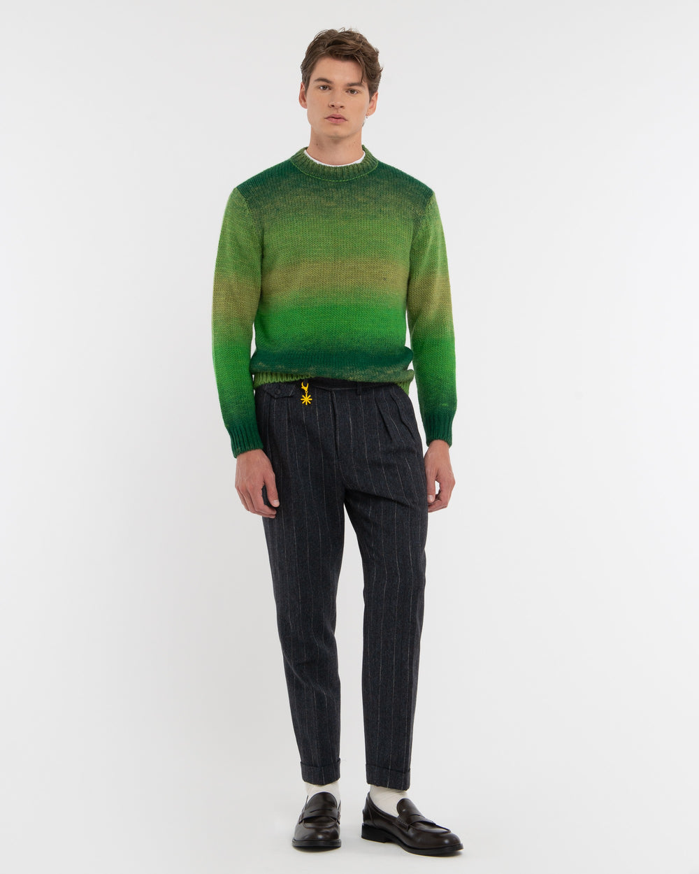 blue double pleated pinstriped wool cotton blend trousers