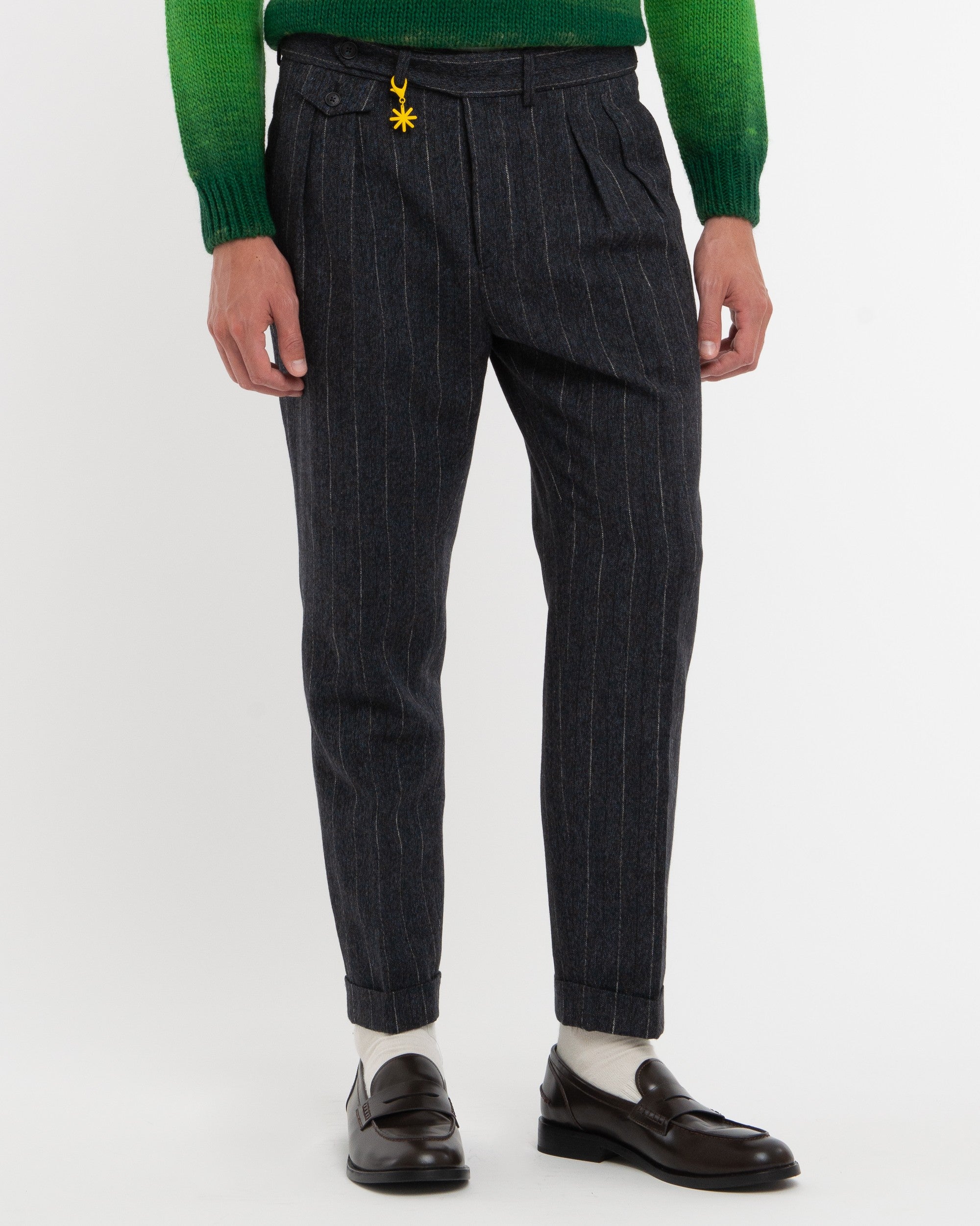 blue double pleated pinstriped wool cotton blend trousers - Manuel