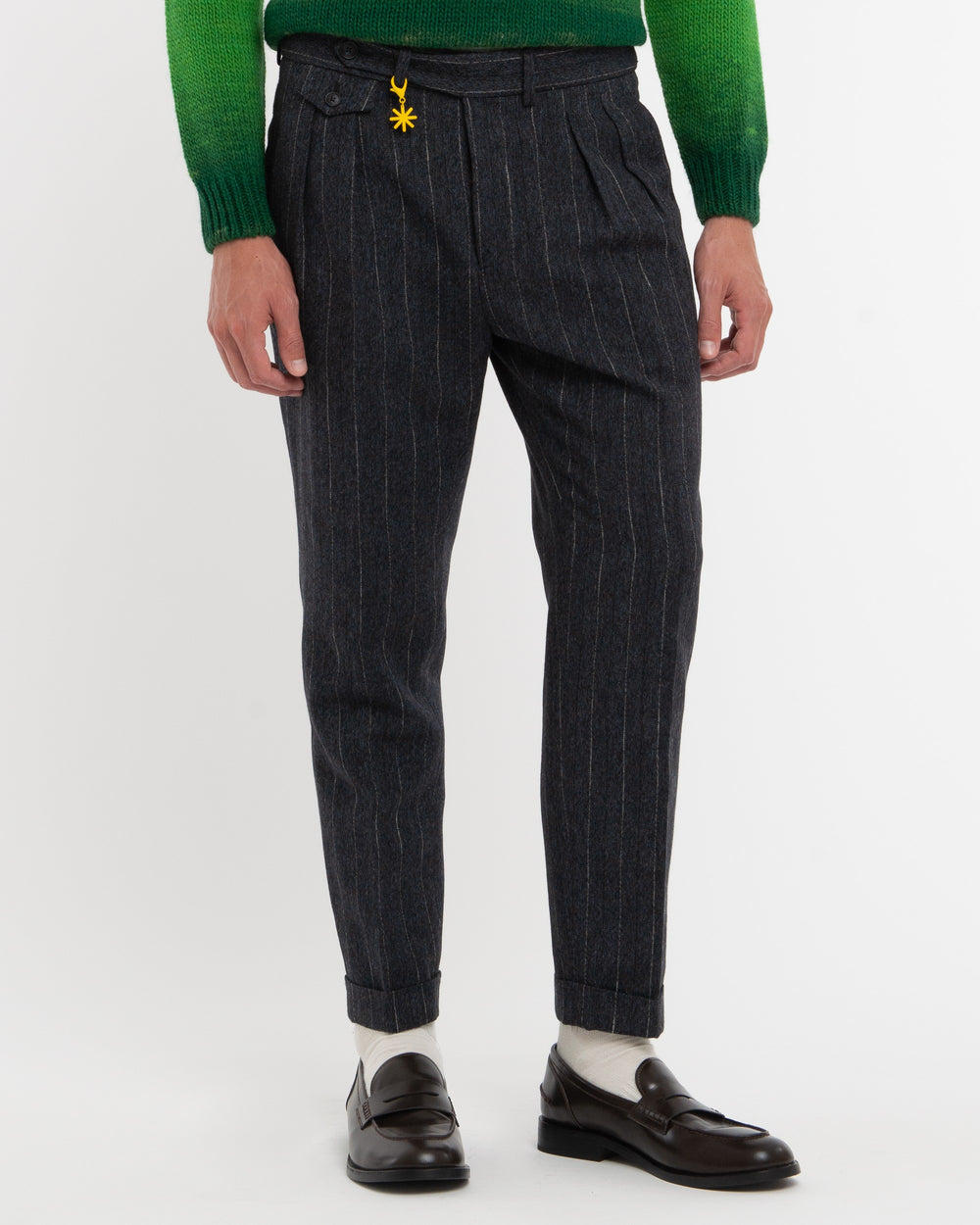 blue double pleated pinstriped wool cotton blend trousers