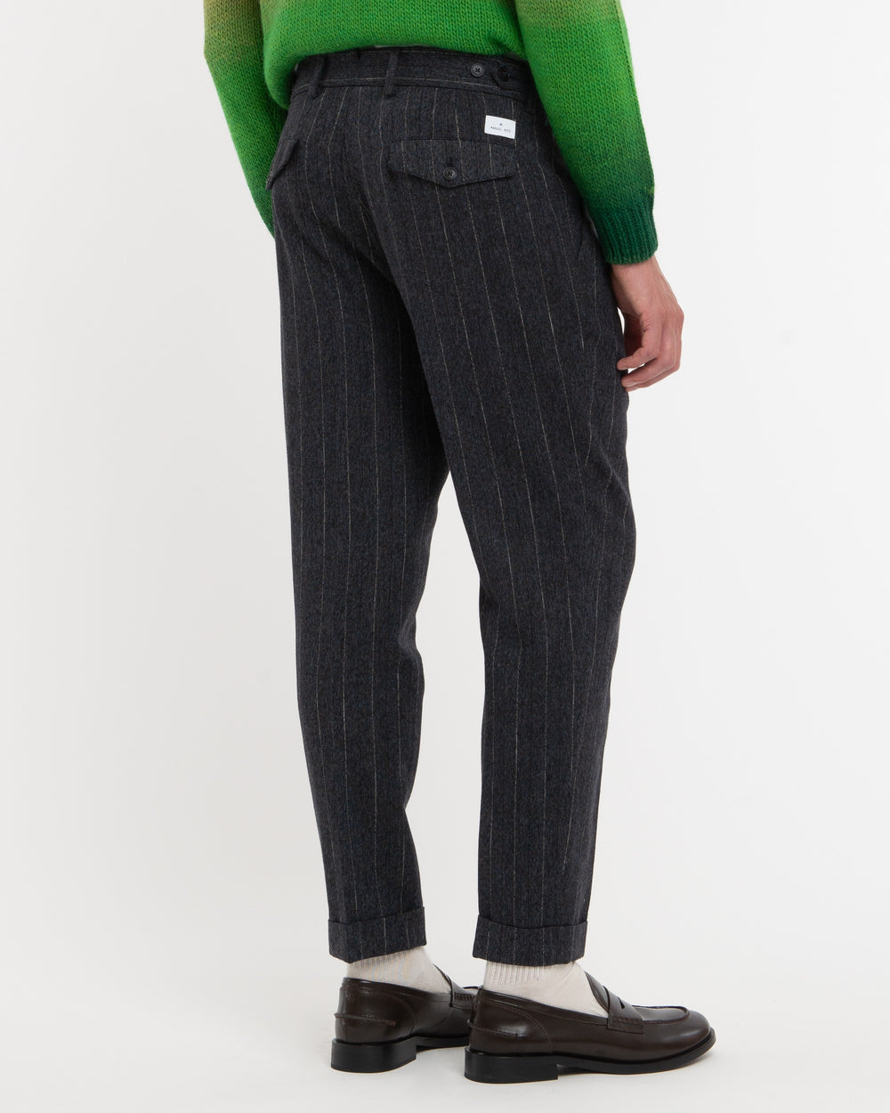 blue double pleated pinstriped wool cotton blend trousers