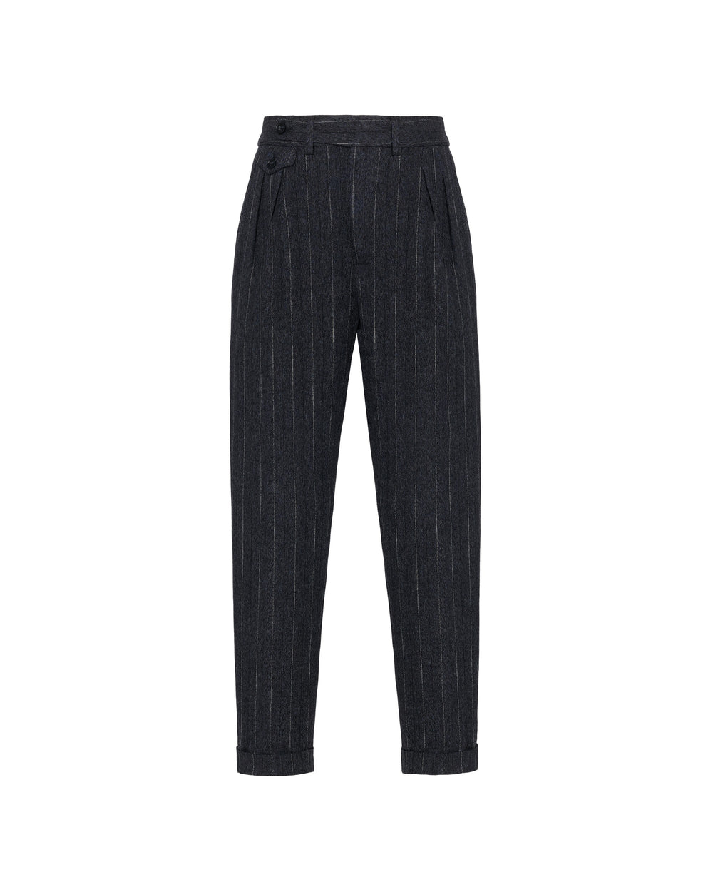 blue double pleated pinstriped wool cotton blend trousers
