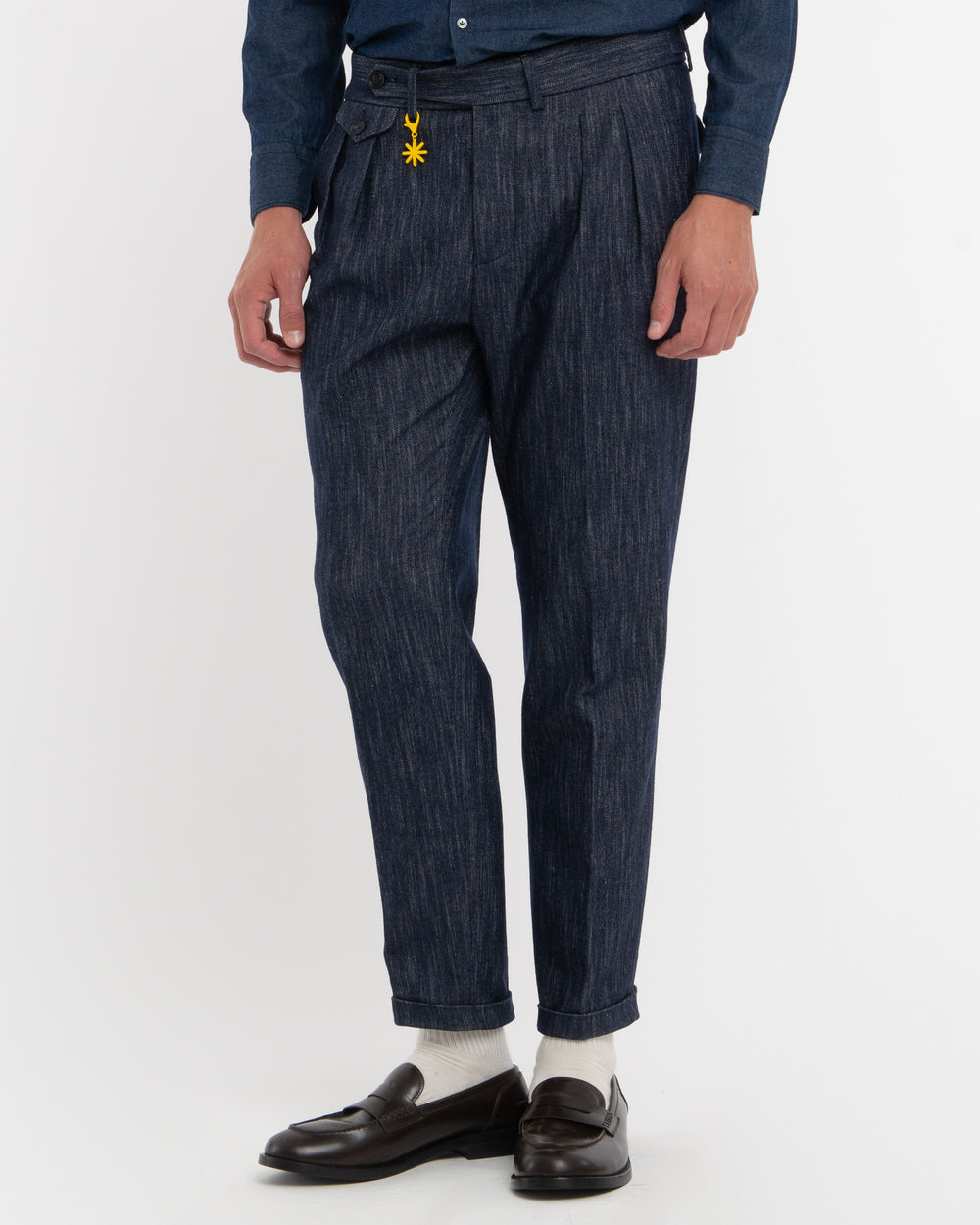 blue stretch cotton wool denim double pleat trousers