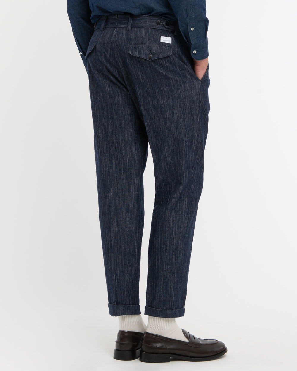 blue stretch cotton wool denim double pleat trousers