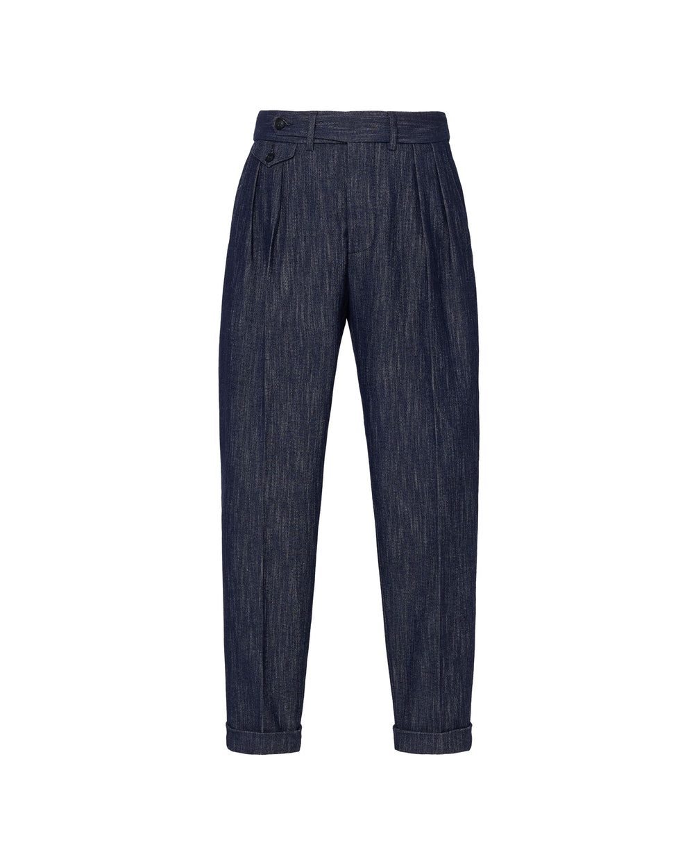 blue stretch cotton wool denim double pleat trousers