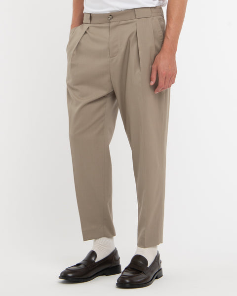 beige stretch wool double pleated trousers