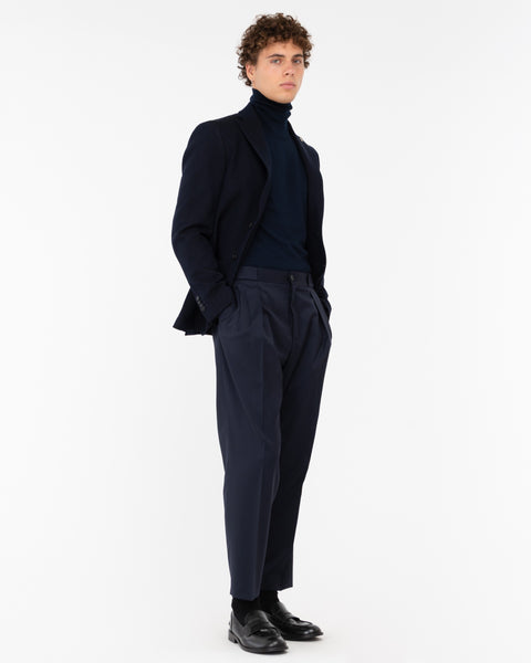 blue stretch wool double pleated trousers
