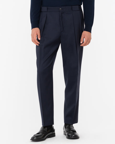 blue stretch wool double pleated trousers