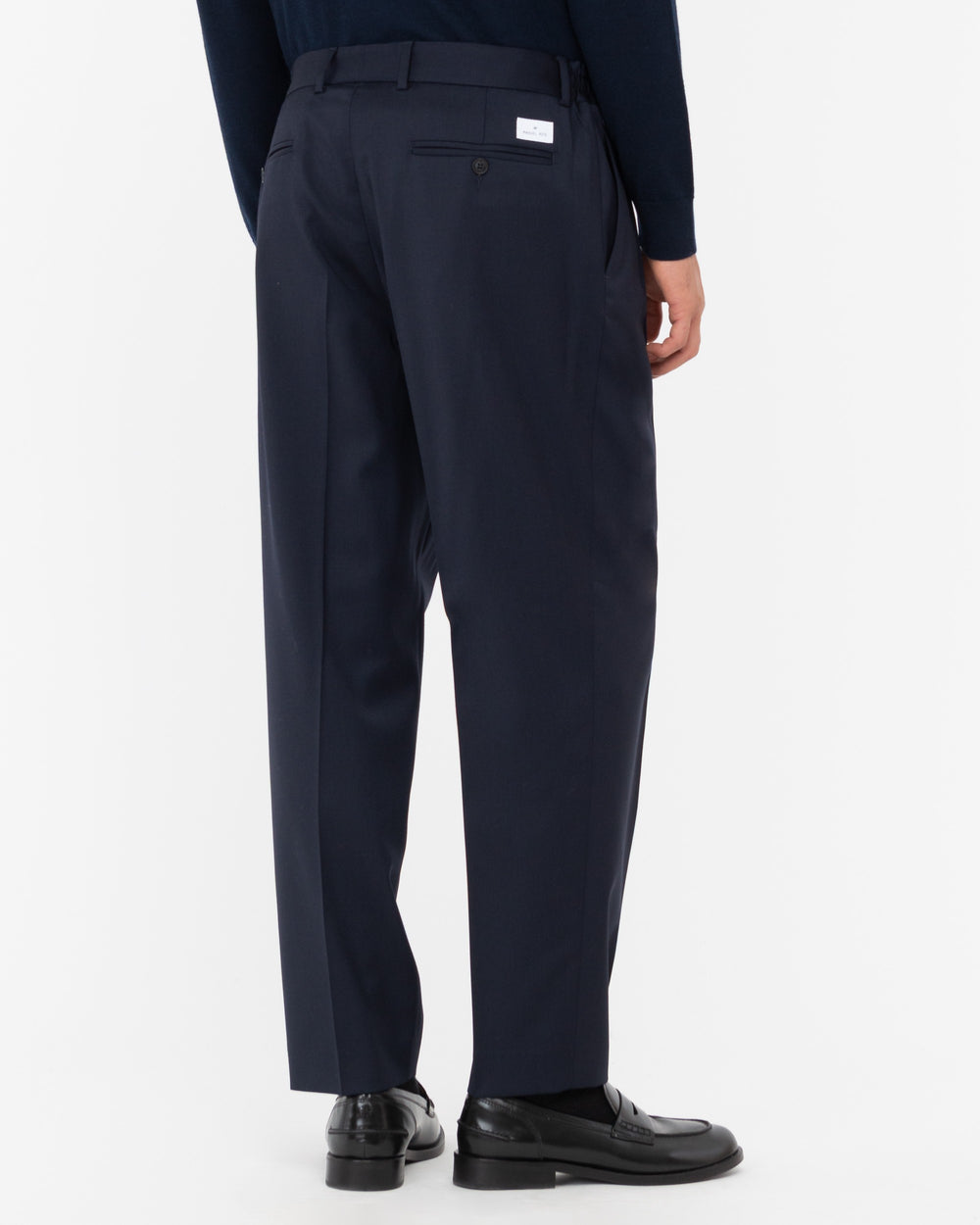 blue stretch wool double pleated trousers