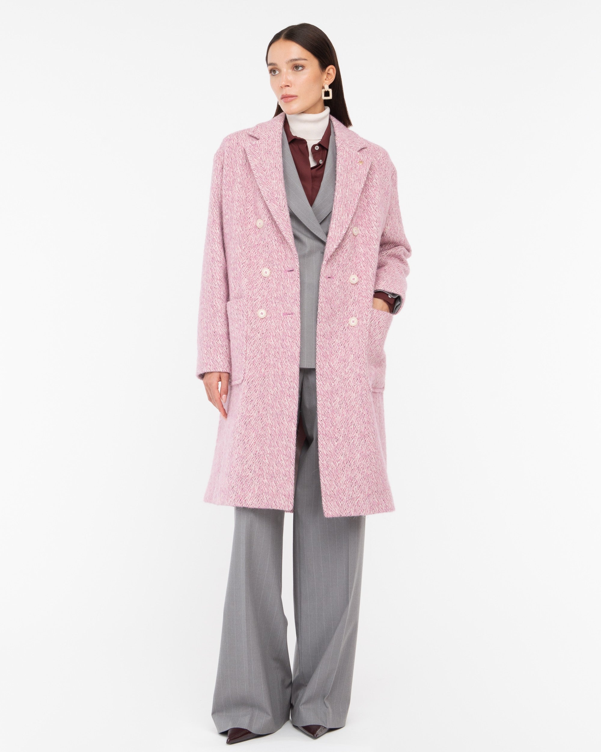 pink double breasted chevron tweed coat - Manuel Ritz Official