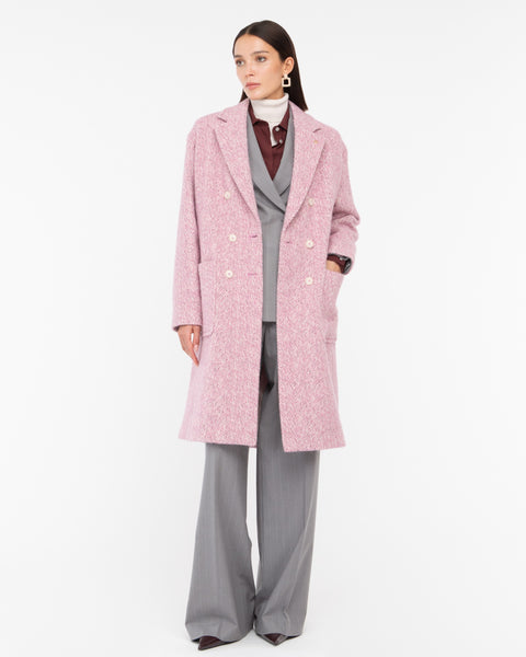 pink double breasted chevron tweed coat