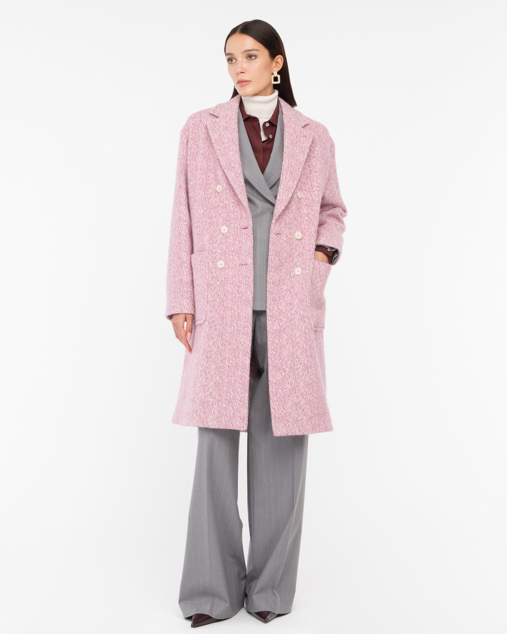 pink double breasted chevron tweed coat