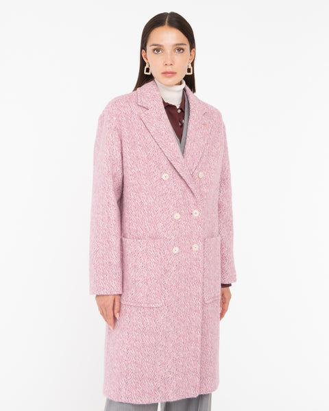 pink double breasted chevron tweed coat