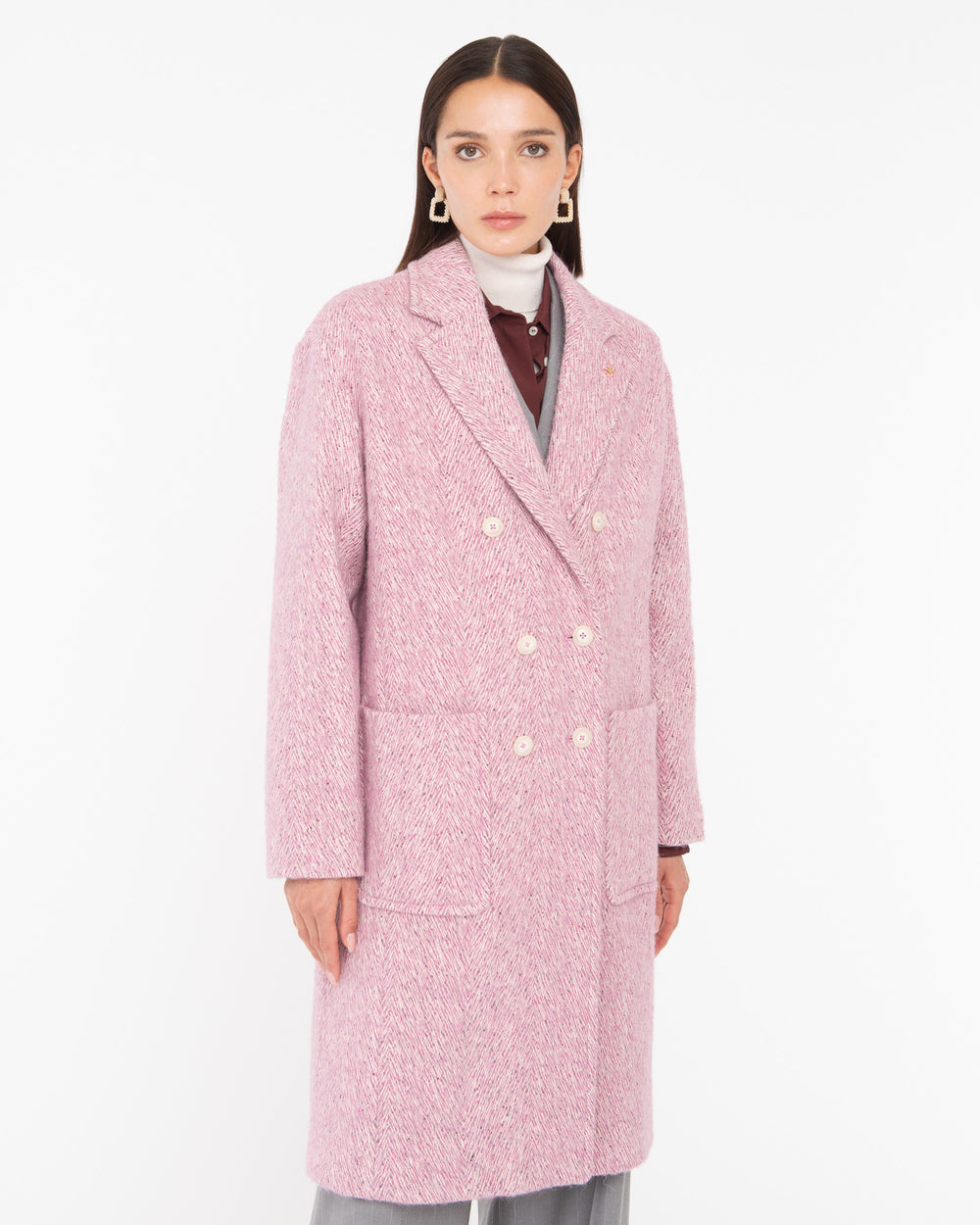 pink double breasted chevron tweed coat