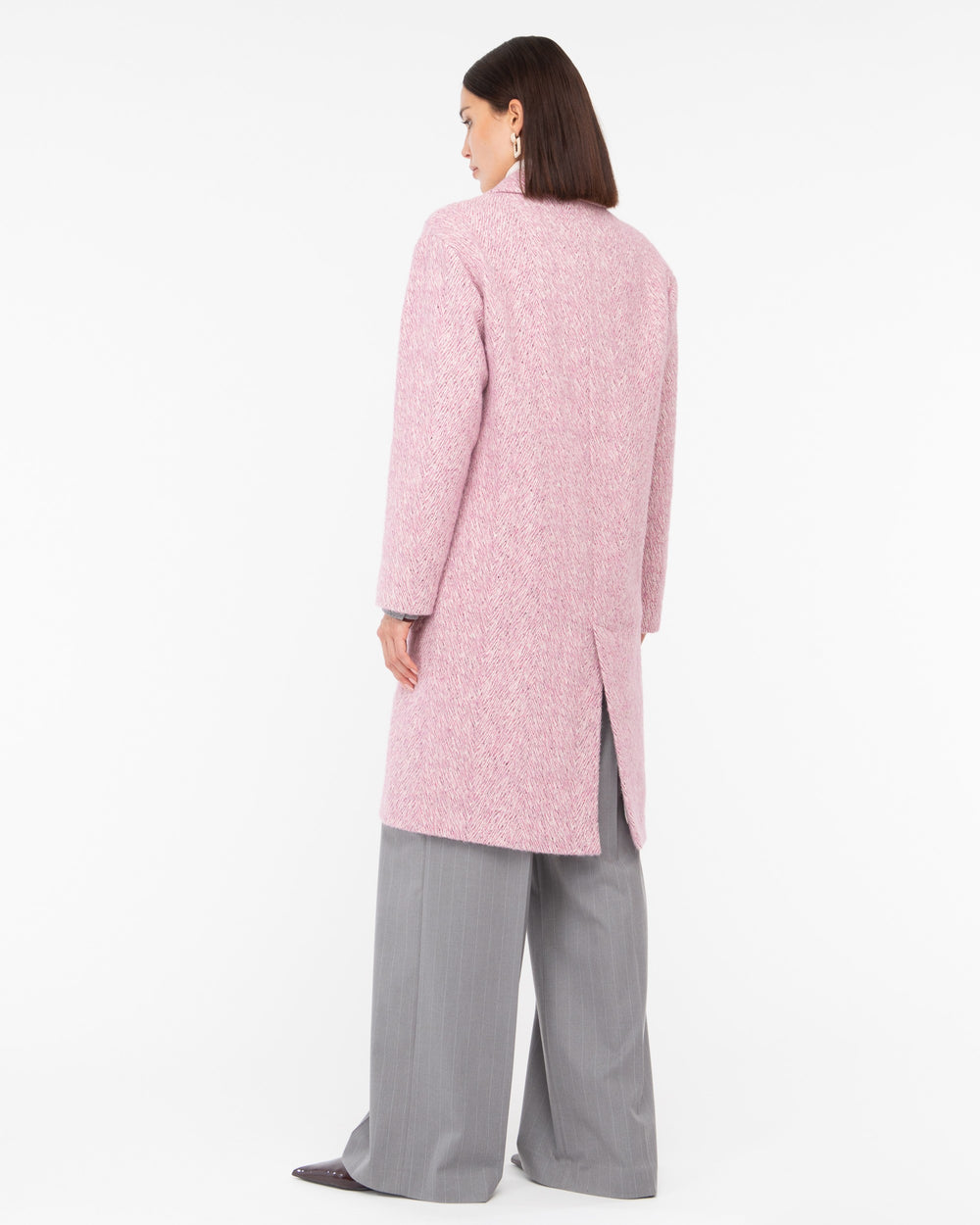 pink double breasted chevron tweed coat