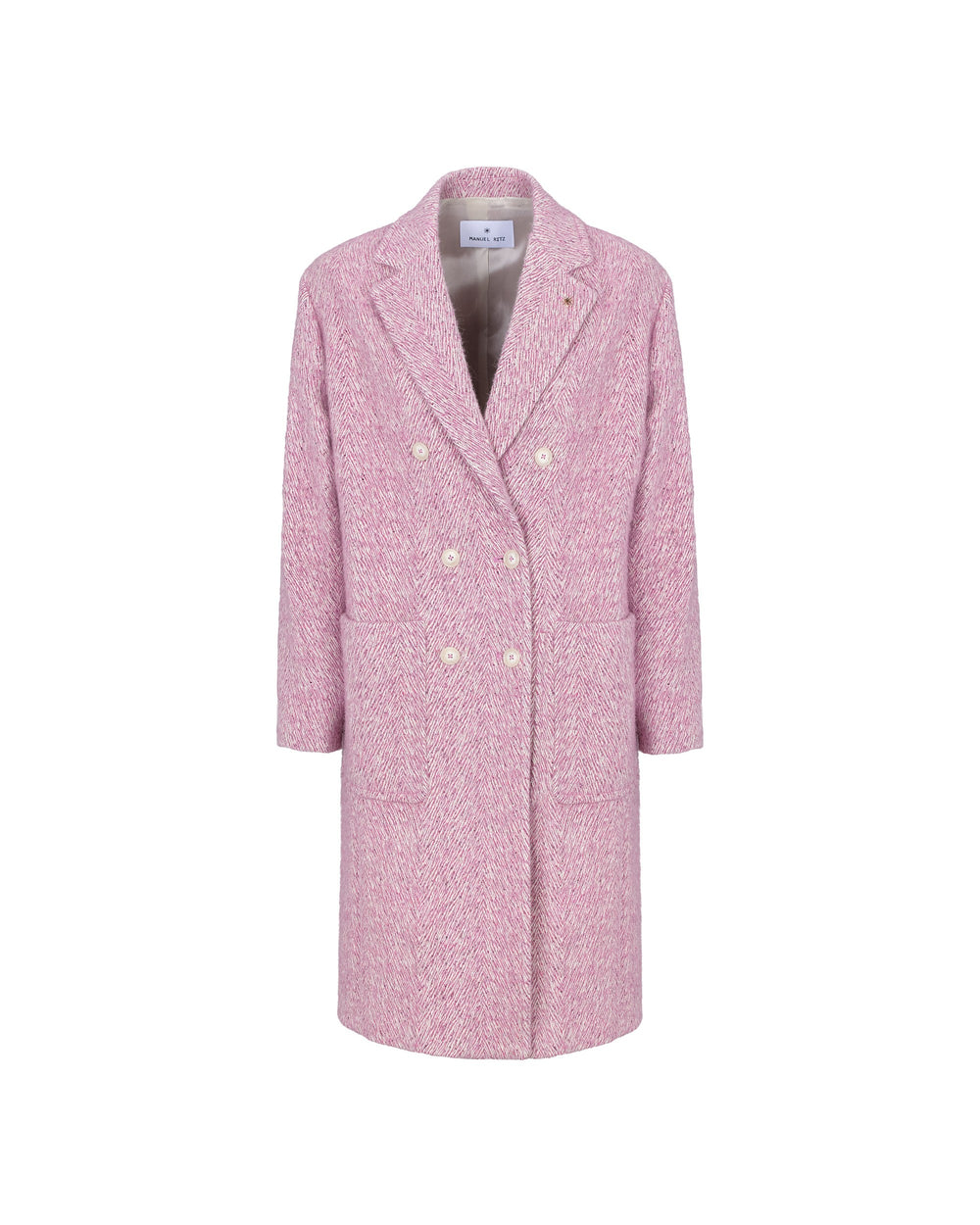 pink double breasted chevron tweed coat