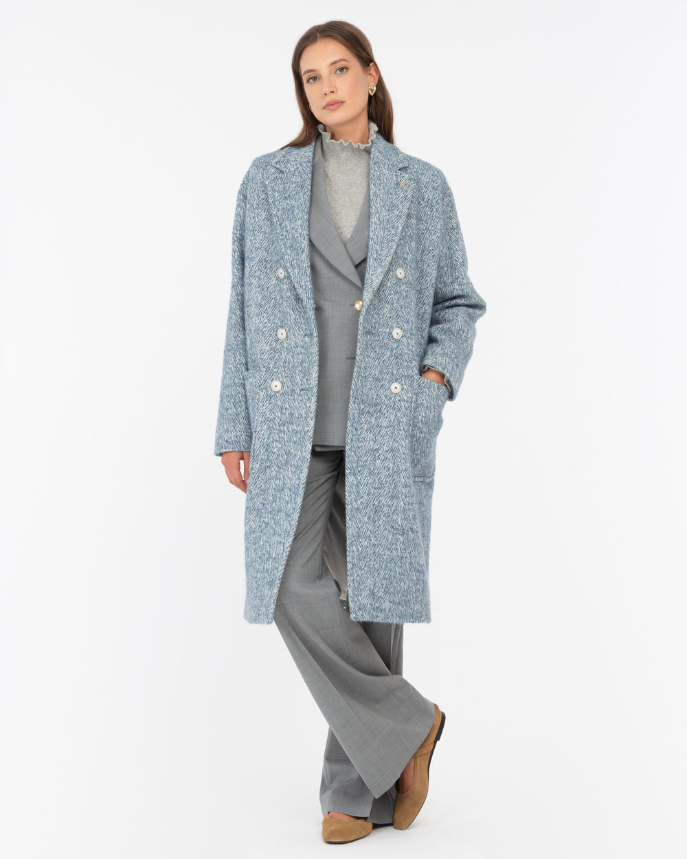 light blue double breasted chevron tweed coat