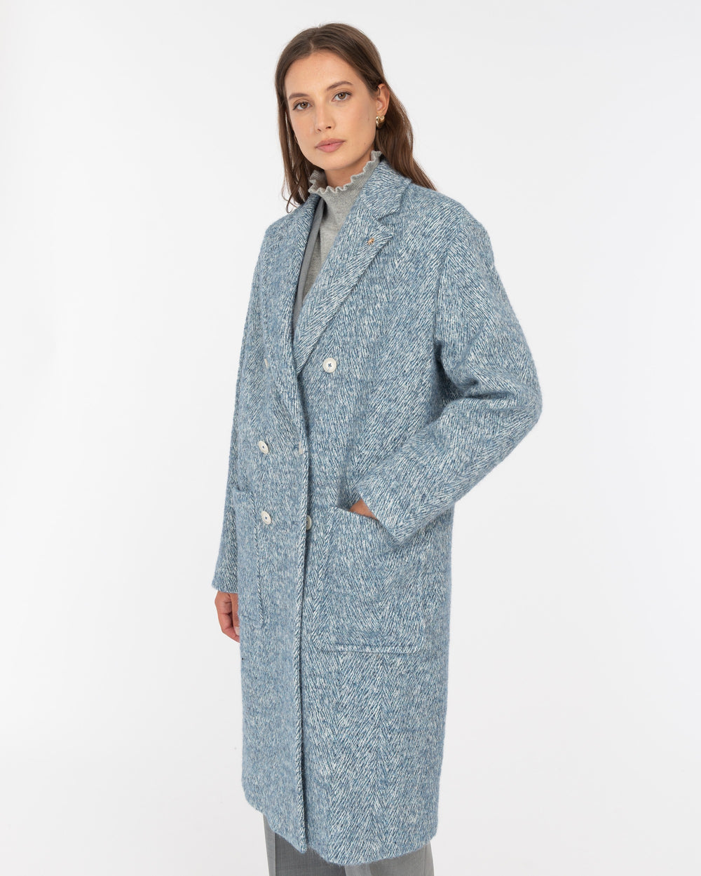 light blue double breasted chevron tweed coat
