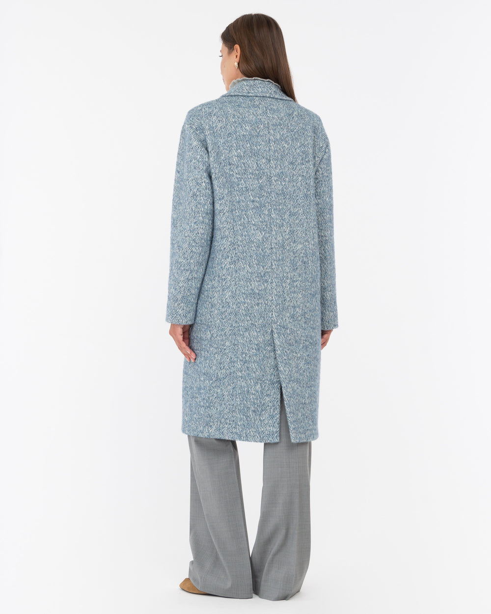 light blue double breasted chevron tweed coat