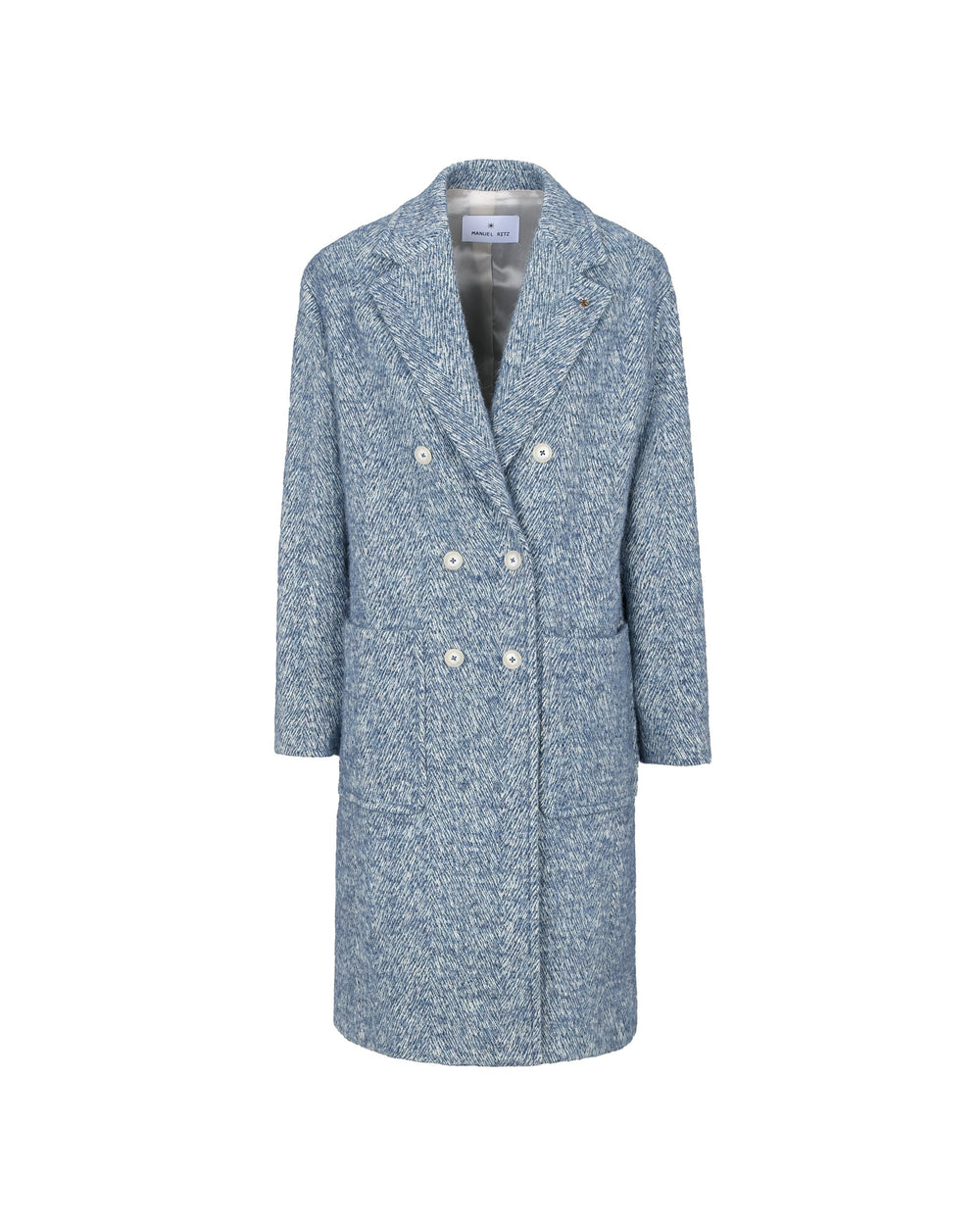 light blue double breasted chevron tweed coat