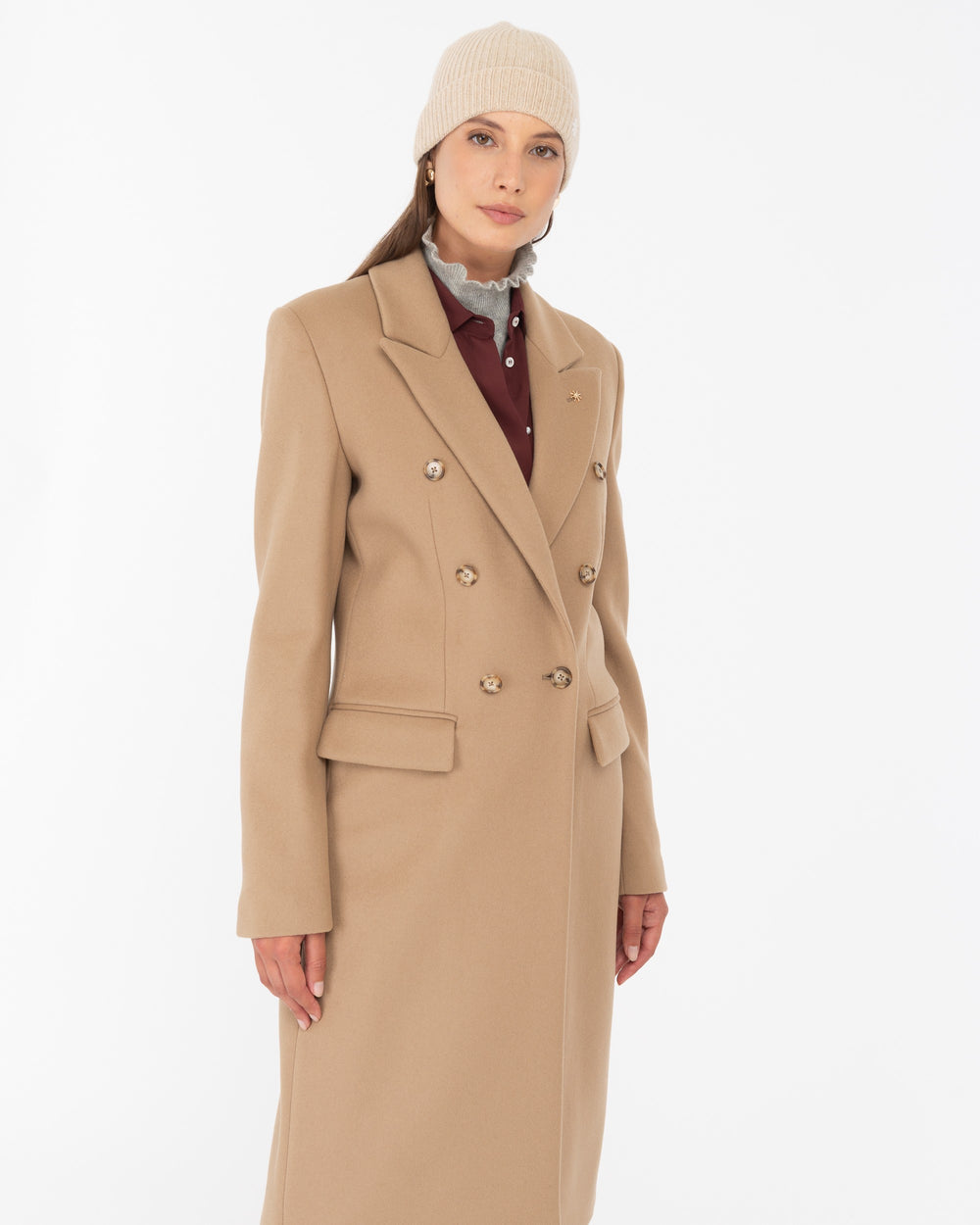 beige double breasted wool blend cloth coat