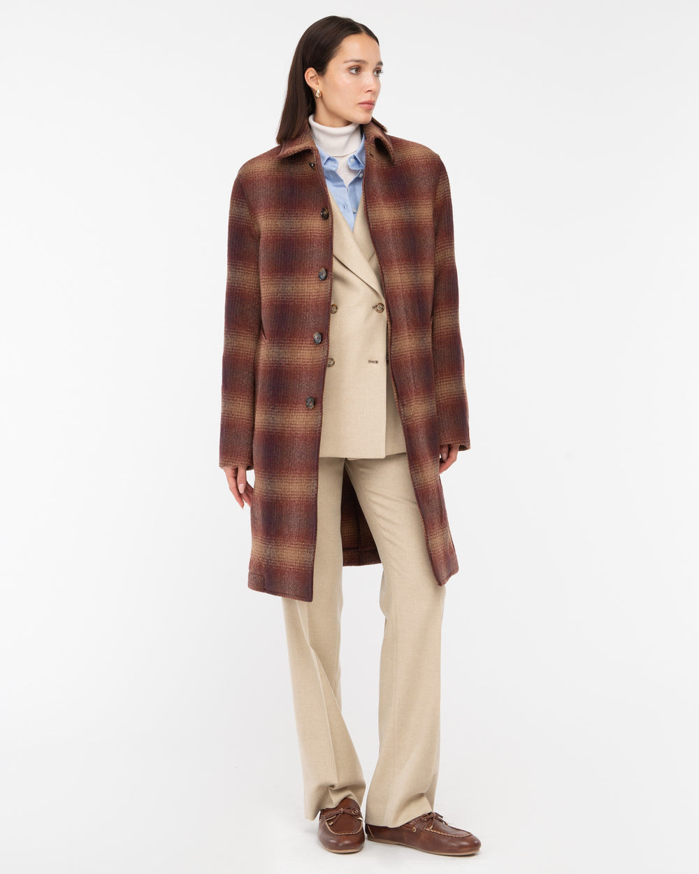 red shaded wool raglan check coat