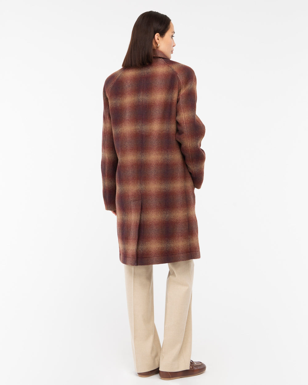 red shaded wool raglan check coat
