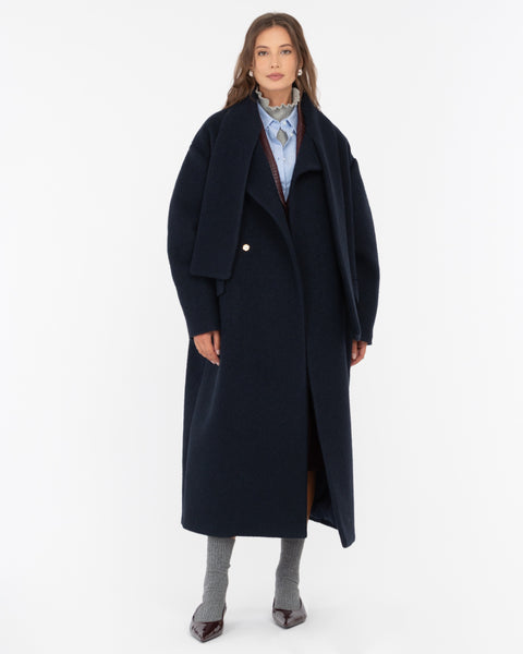 blue wool-blend cloth sash coat