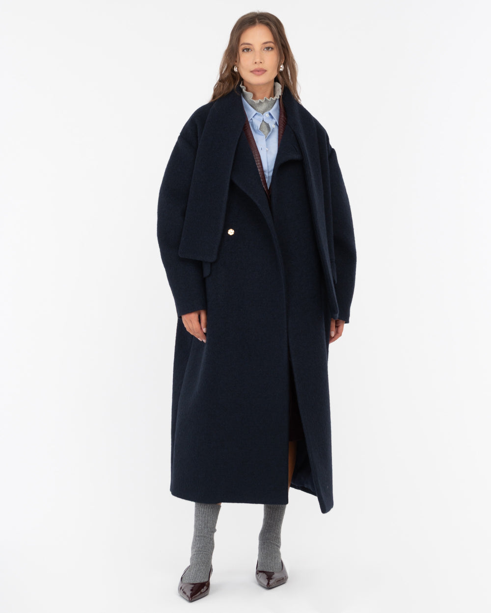 blue wool-blend cloth sash coat