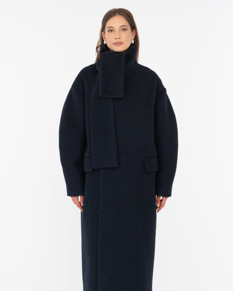 blue wool-blend cloth sash coat