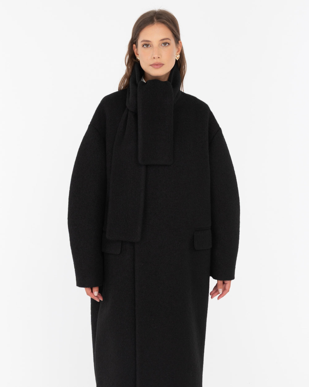black wool-blend cloth sash coat