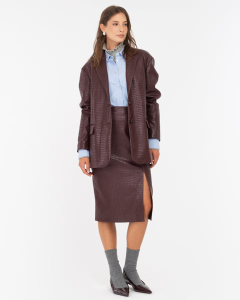 red faux leather crocodile midi skirt