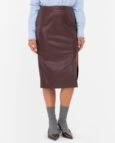 red faux leather crocodile midi skirt