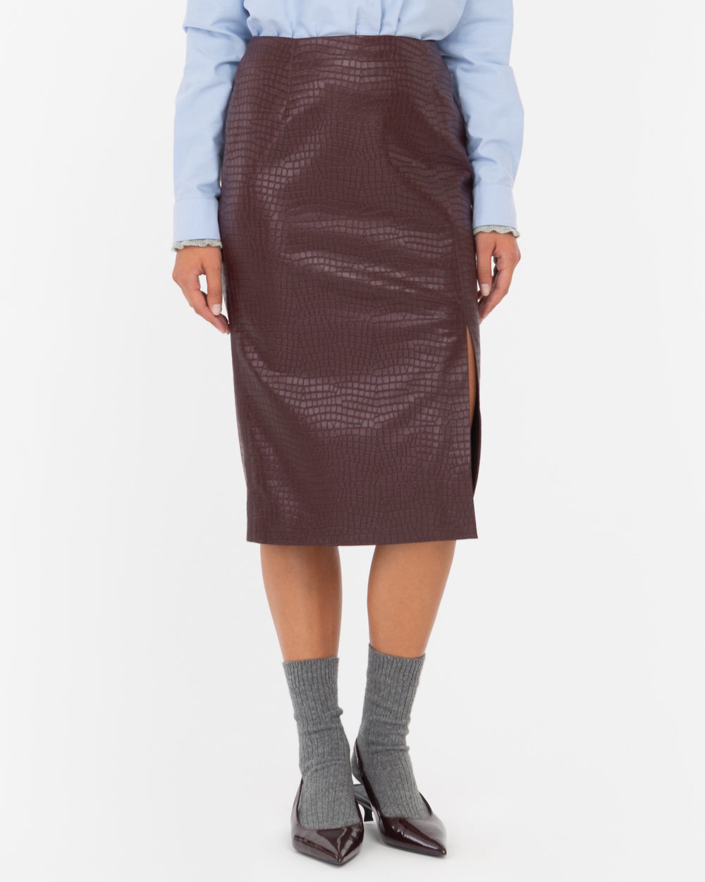 red faux leather crocodile midi skirt